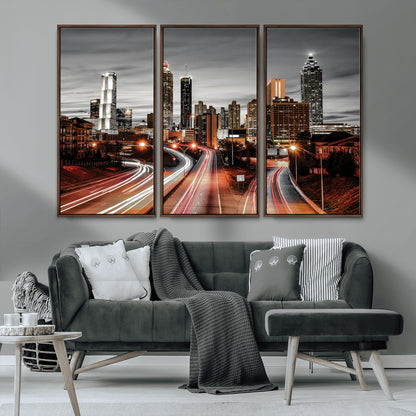 59097239-MGV-CV-36X24-City Skyline Wall Art – Modern Black and White Night Canvas Print with Red Light Trails, Urban Landscape Decor for Living Room or