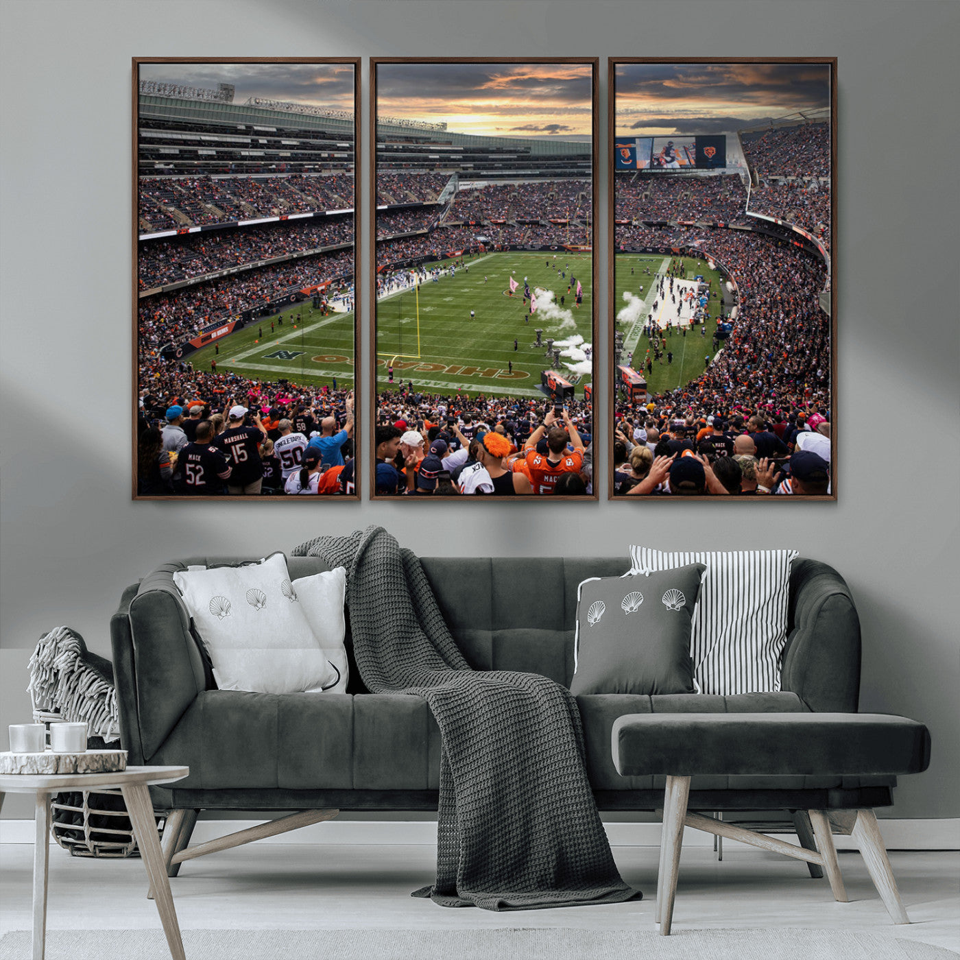 87578930-MGV-FC-48X32-3P_Walnut-Soldier Field Wall Art – Chicago Bears Football Stadium Sunset Canvas Print, Game Day Sports Decor for Man Cave, Bar, Office, or