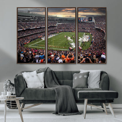 87578930-MGV-FC-48X32-3P_Walnut-Soldier Field Wall Art – Chicago Bears Football Stadium Sunset Canvas Print, Game Day Sports Decor for Man Cave, Bar, Office, or