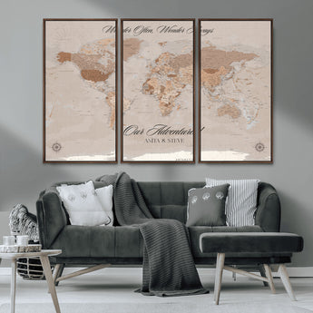 95243244-MGV-CV-36X24-Wander Often Wonder Always World Map Wall Art – Neutral Beige Adventure Canvas Print, Rustic Boho Travel Decor for Bedroom, Living