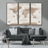 63516865-MGV-CV-36X24-Explore Dream Discover World Map Wall Art – Inspirational Travel Adventure Canvas Print, Neutral Parchment Style Explorer Decor