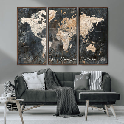37848568-MGV-CV-36X24-Life is a Journey Not a Destination World Map Rustic Wood Texture Vintage Beige Navy Adventure Wall Art Canvas Print for Home
