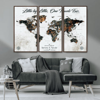 88337180-MGV-CV-36X24-Little by Little One Travels Far Tolkien Quote World Map Rustic Black Brown Adventure Wall Art Canvas Print for Home Office Living