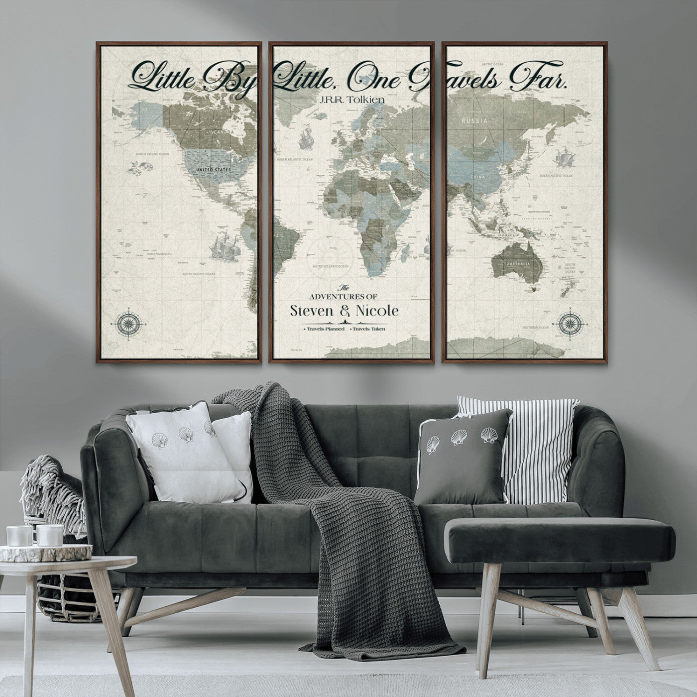 10693204-MGV-CV-36X24-Little By Little One Travels Far Tolkien Quote Blue Green World Map Adventure Wall Art Canvas Print Rustic Wanderlust Travel Decor