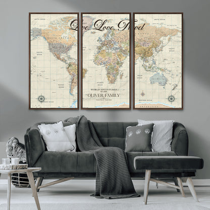 19479008-MGV-FC-48X32-3P_Walnut-Live Love Travel Wall Art – Detailed World Map Canvas Print, Adventure Decor for Living Room, Office or Bedroom, Travel Gift for
