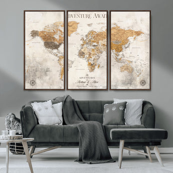 99422096-MGV-CV-36X24-Adventure Awaits World Map Wall Art – Neutral Beige Canvas Print, Modern Travel Inspired Wall Decor for Living Room, Bedroom or