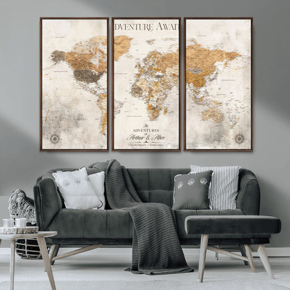 99422096-MGV-CV-36X24-Adventure Awaits World Map Wall Art – Neutral Beige Canvas Print, Modern Travel Inspired Wall Decor for Living Room, Bedroom or
