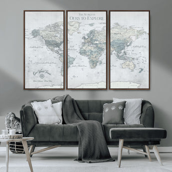 94249974-MGV-CV-36X24-Ours Explore World Map Wall Art – Modern Travel Canvas Print, Neutral Adventure Decor for Living Room, Office, Study, Bedroom,