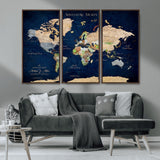 43160428-MGV-CV-36X24-Adventure Awaits Navy Blue World Map – Vibrant Travel Canvas Wall Art, Antique Atlas Print, Wanderlust Decor for Home Office