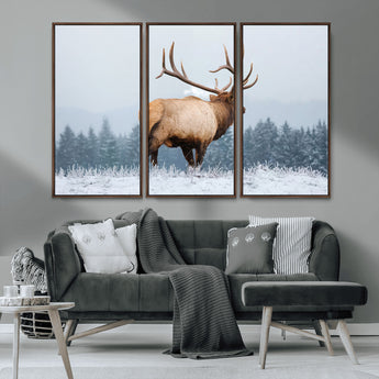 85177251-MGV-CV-36X24-Elk Wall Art – Majestic Wildlife Canvas Print of Bull Elk Snowy Forest, Rustic Nature Decor for Living Room, Cabin, or Office