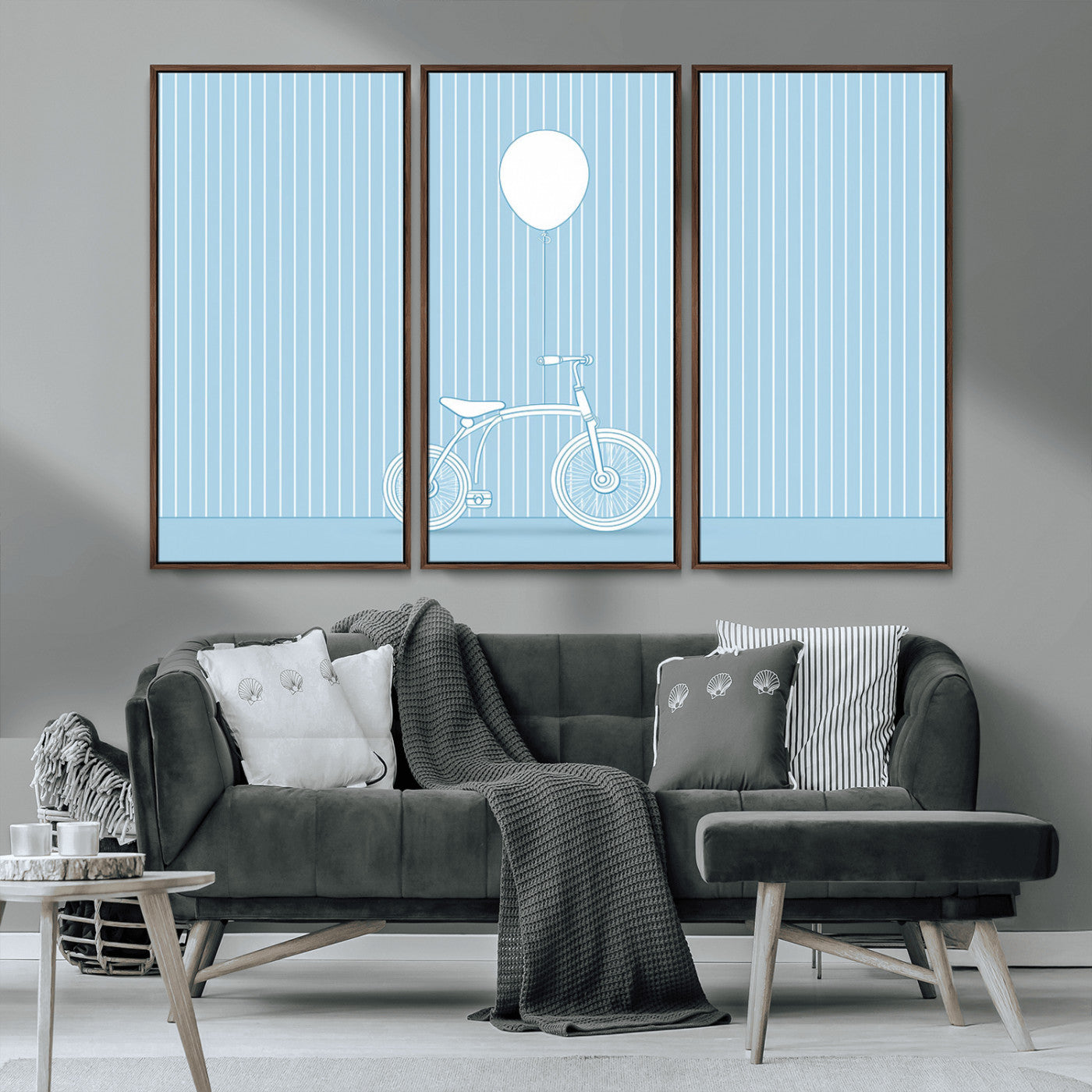 56479838-MGV-CV-36X24-Bicycle Wall Art – Minimalist Blue Canvas Print with Balloon Illustration, Modern Decor Artwork for Kids Room, Nursery, or Living