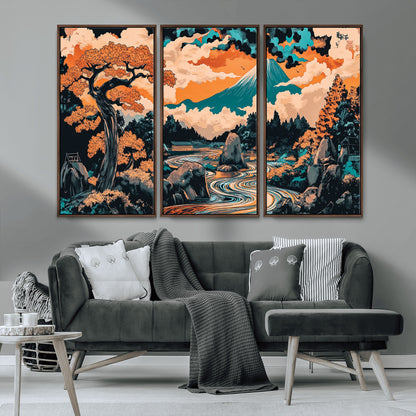 21638941-MGV-CV-36X24-Japanese Landscape Wall Art – Mount Fuji and Flowing River Ukiyo-e Style Canvas Print, Traditional Japan Inspired Artwork for