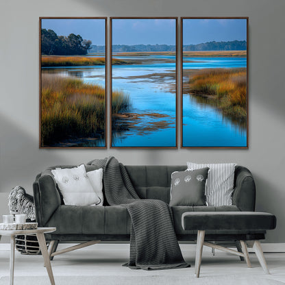 26300004-MGV-CV-36X24-Tranquil Marshland Canvas Wall Art – Blue Water, Reflective Sky, Golden Grasses, Calm Nature Landscape, Scenic Outdoor Beauty for