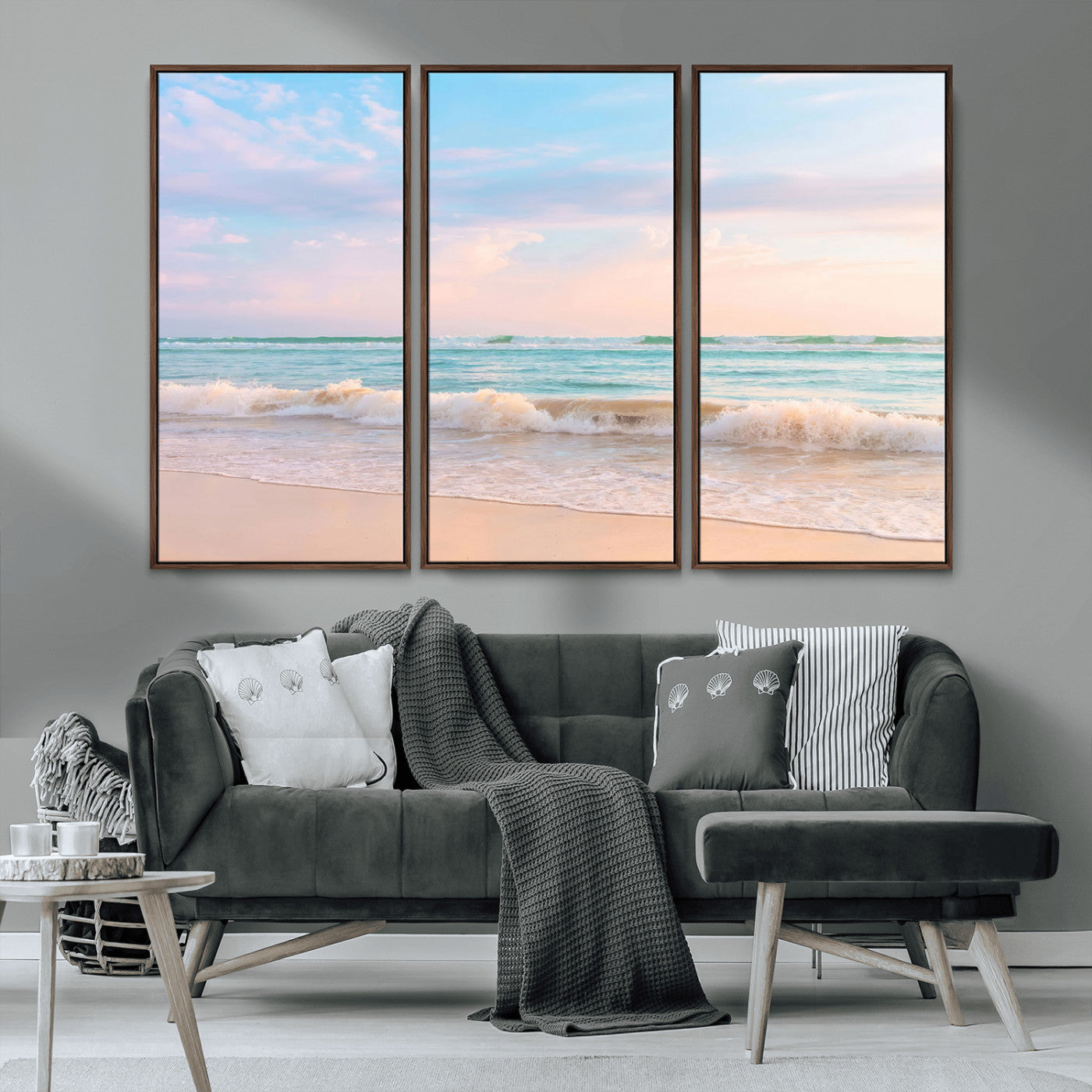 88024944-MGV-CV-36X24-Beach Landscape Wall Art – Coastal Ocean Canvas Print with Gentle Waves and Pastel Sky, Serene Seascape Photography for Living