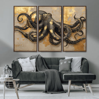 57944271-MGV-CV-36X24-Octopus Wall Art – Black and Gold Nautical Canvas Print, Modern Ocean Inspired Artwork with Elegant Detailing, Coastal Marine