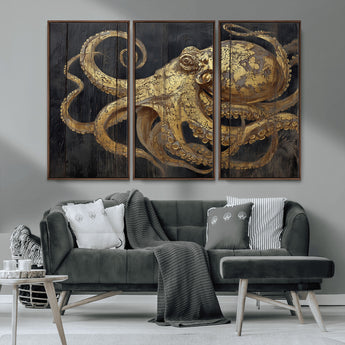 47056538-MGV-CV-36X24-Octopus Wall Art – Gold Nautical Canvas Print with Rustic Wood Texture, Marine Creature Artwork for Coastal Ocean Decoration in