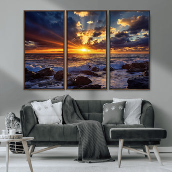 35900590-MGV-CV-36X24-Sunset Ocean Waves Canvas Wall Art – Rocky Shore, Dramatic Sky, Golden Sun Rays, Coastal Beauty, Serene Water Motion for Living