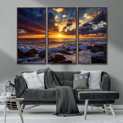 35900590-MGV-CV-36X24-Sunset Ocean Waves Canvas Wall Art – Rocky Shore, Dramatic Sky, Golden Sun Rays, Coastal Beauty, Serene Water Motion for Living