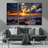 35900590-MGV-CV-36X24-Ocean Sunset Wall Art – Vivid Seascape Canvas Print with Sunburst Sky, Crashing Waves and Rocky Shore, Dramatic Coastal