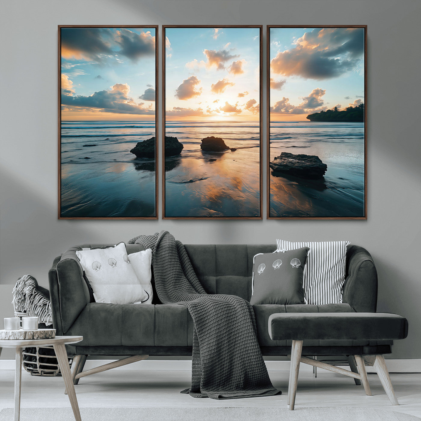 23879436-MGV-CV-36X24-Ocean Sunset Wall Art – Serene Seascape Canvas Print with Golden Sky, Reflections on Sand and Calm Waves, Peaceful Coastal
