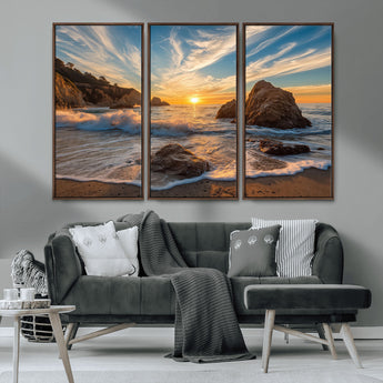 85659923-MGV-FC-48X32-3P_Walnut-Ocean Sunset Wall Art – Dramatic Seascape Canvas Print with Cliffs, Crashing Waves and Golden Sky, Bold Coastal Photography for