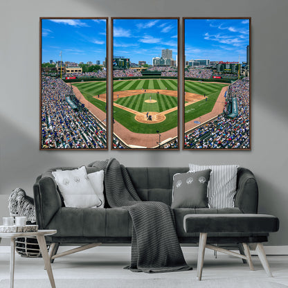 56213978-MGV-CV-36X24-Wrigley Field Baseball Stadium Canvas Wall Art – Packed Crowd Sports Stadium Print, City Skyline Baseball Field Canvas for Game