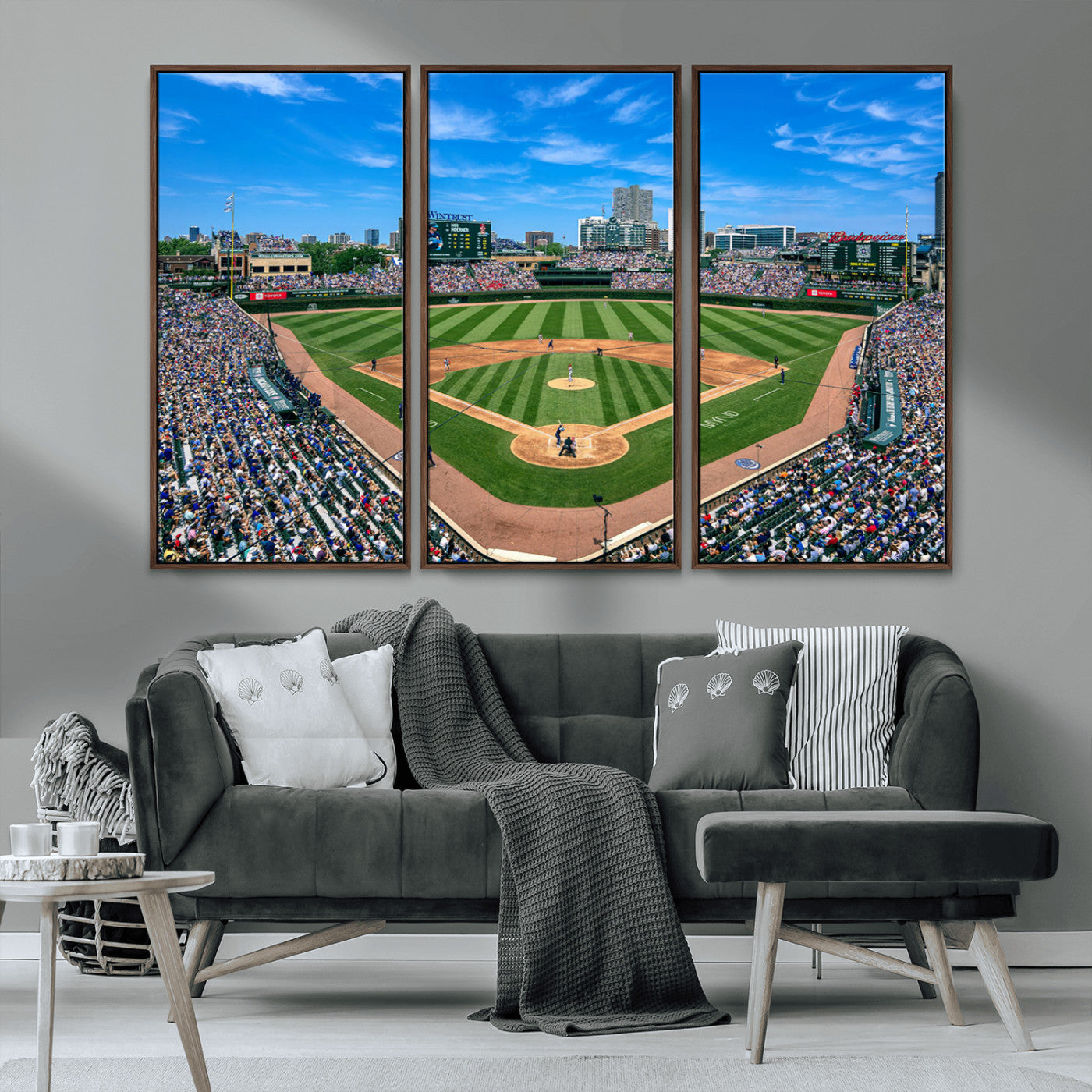 56213978-MGV-CV-36X24-Baseball Stadium Wall Art – Panoramic Ballpark Canvas Print with Fans, Green Field and City Skyline, Classic Sports Photography