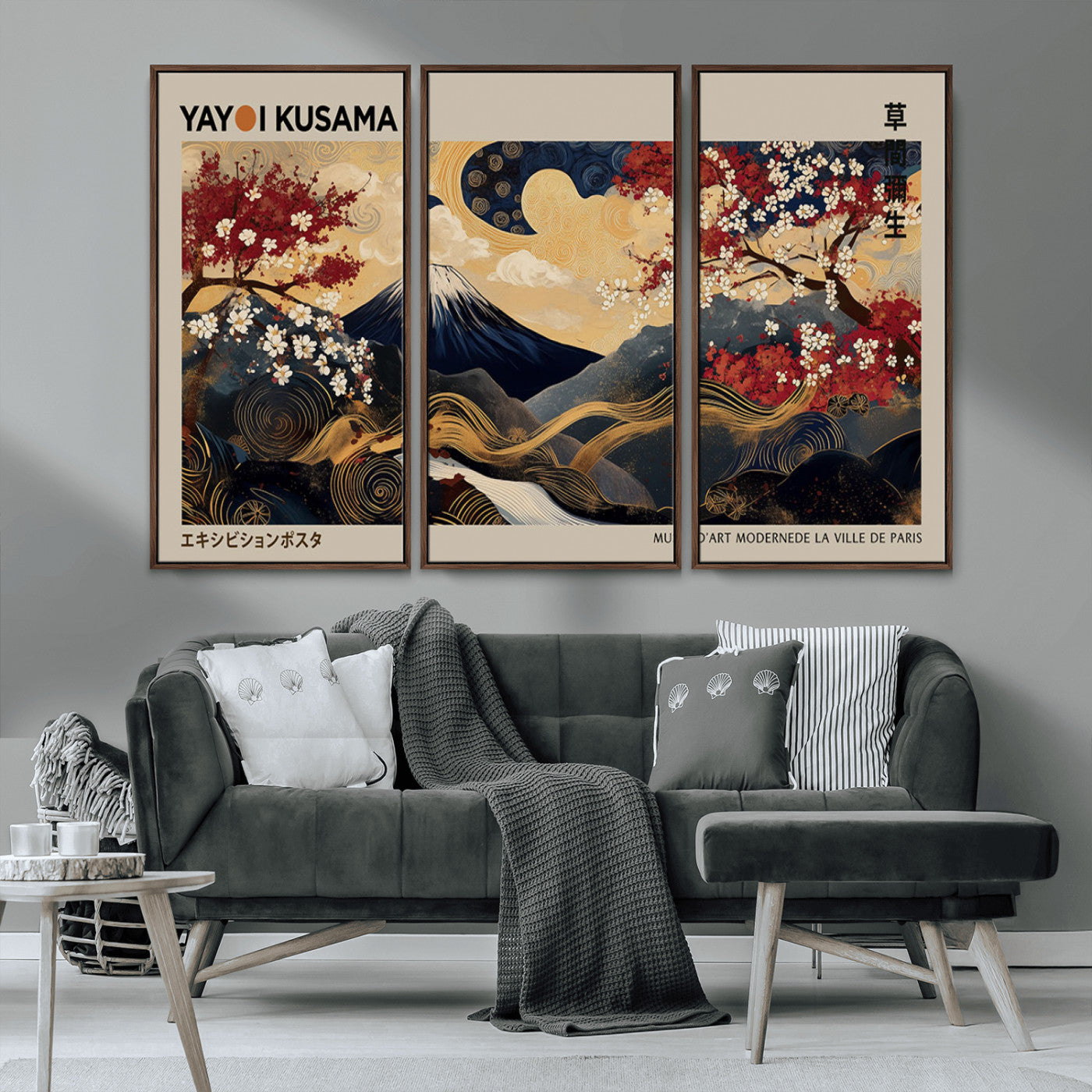 66892669-MGV-CV-36X24-Yayoi Kusama Japanese Inspired Canvas Print – Mt. Fuji & Floral Scene Wall Art, Framed Asian Style Canvas for Home, Office or