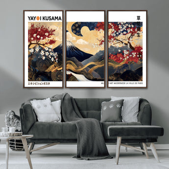 28945903-MGV-CV-36X24-Yayoi Kusama Inspired Japanese Art Canvas Print – Framed Floral & Mt. Fuji Wall Decor, Modern Asian Style Canvas for Home, Office,