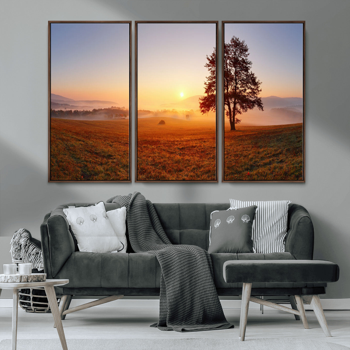 57919623-MGV-CV-36X24-Sunrise Landscape Wall Art – Golden Morning Canvas Print with Tree, Misty Hills and Open Field, Peaceful Nature Photography for