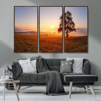 57919623-MGV-CV-36X24-Sunrise Landscape Wall Art – Golden Morning Canvas Print with Tree, Misty Hills and Open Field, Peaceful Nature Photography for