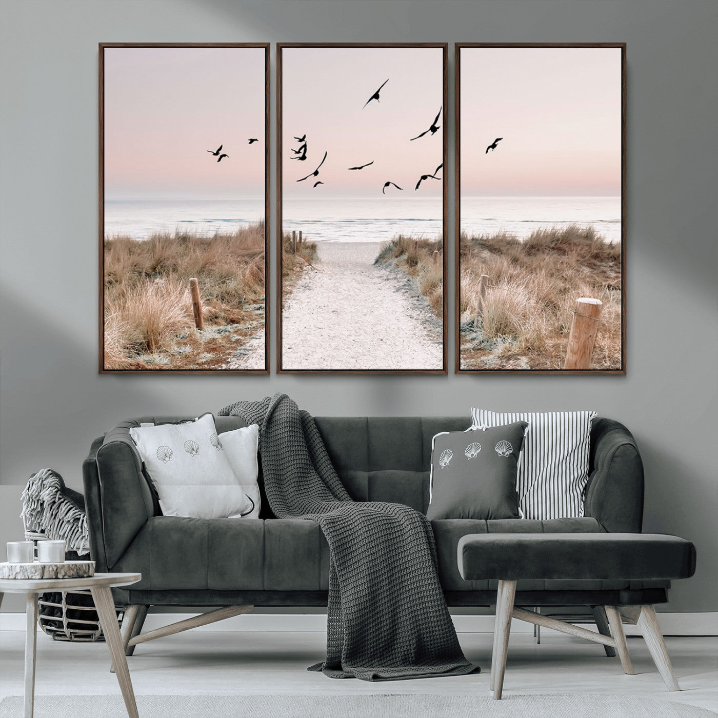 34632598-MGV-CV-36X24-Beach Pathway Wall Art – Coastal Canvas Print with Sandy Trail, Flying Birds and Pastel Sky, Serene Ocean Landscape Photography