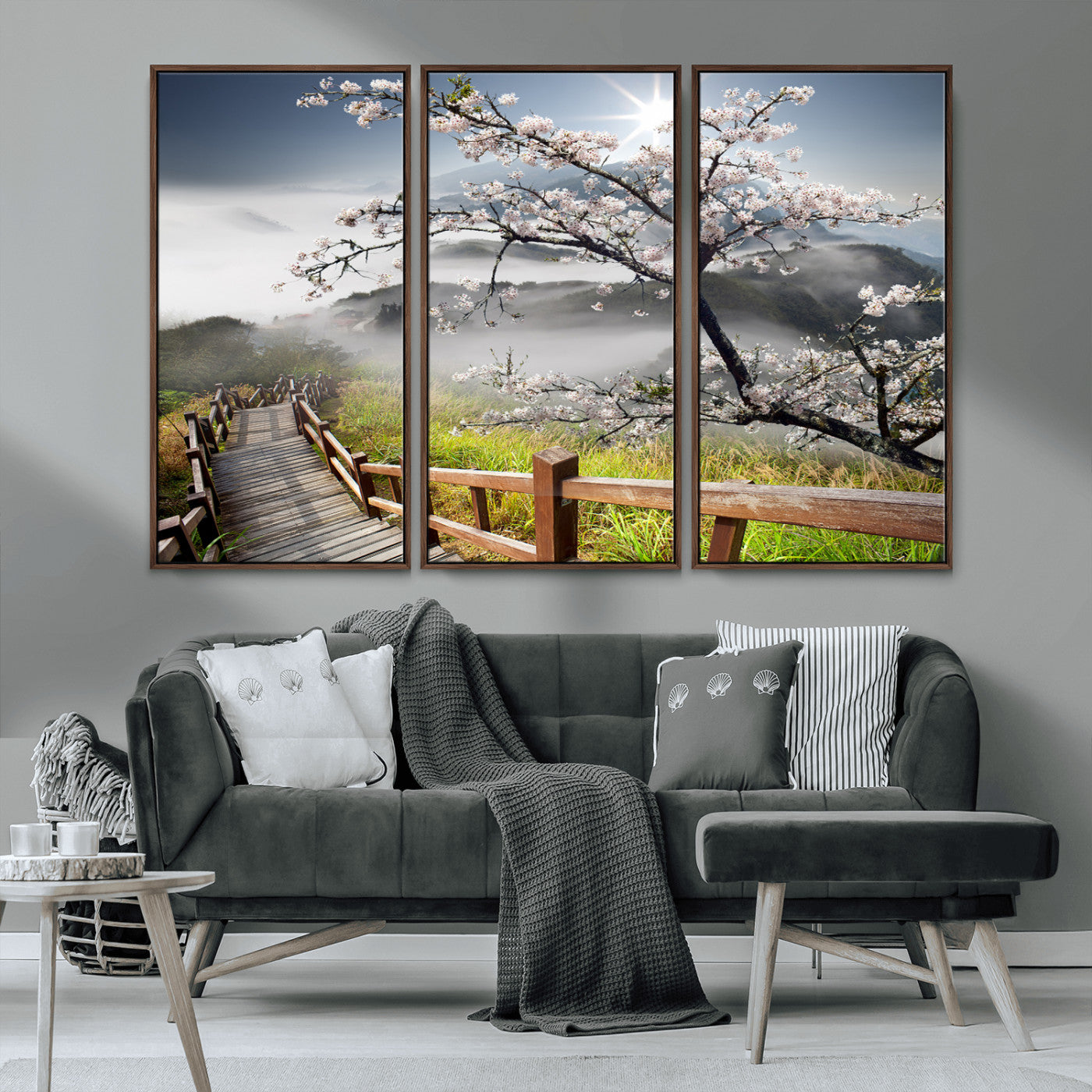 34632598CRY-MGV-CV-36X24-Cherry Blossom Wall Art – Scenic Asian Landscape Canvas Print with Wooden Walkway, Misty Mountains and Sunrise, Serene Nature