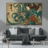 46837670-MGV-CV-36X24-Tsukioka Yoshitoshi Samurai Wall Art Print, Japanese Katana Warrior Canvas Wall Art, Octopus Sea Monster Canvas Print,