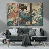 52037775-MGV-CV-36X24-Tsukioka Yoshitoshi Samurai Wall Art Print, Japanese Katana Warrior Canvas Wall Art, Octopus Sea Monster Canvas Print,