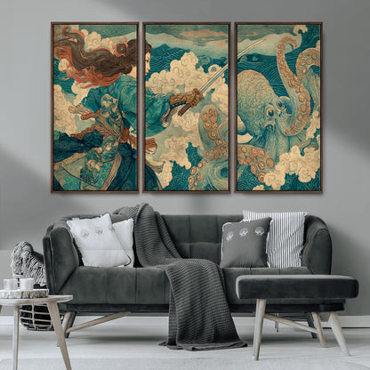 37943964-MGV-CV-36X24-Samurai Warrior vs Octopus Wall Art – Japanese Ukiyo-e Style Canvas Print, Ocean Battle Scene Artwork for Living Room, Office, Man