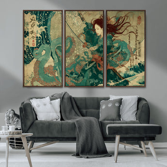 86918027-MGV-CV-36X24-Samurai Warrior vs Octopus Wall Art – Japanese Ukiyo-e Ocean Battle Canvas Print, Traditional Samurai Artwork for Living Room,