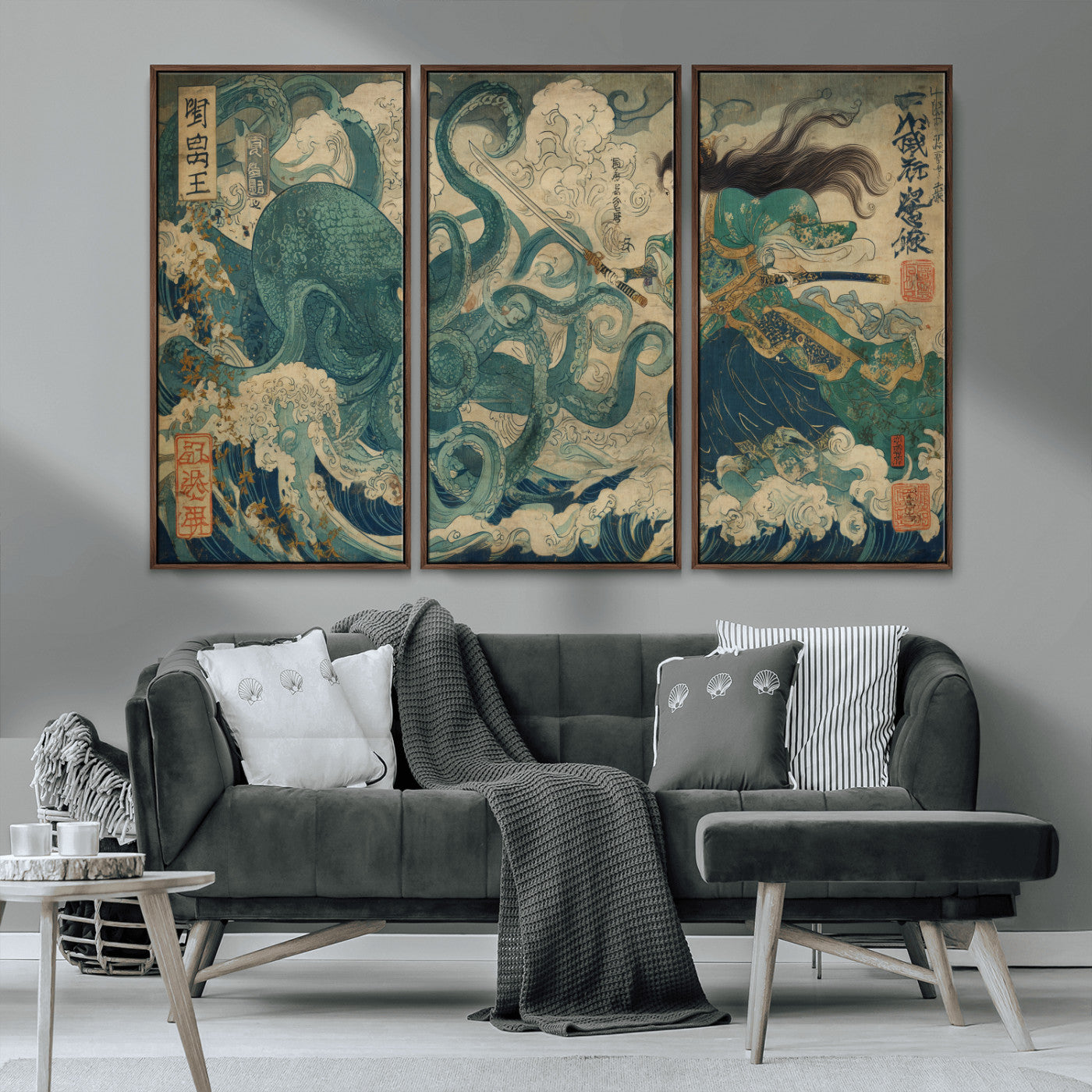 60346622-MGV-CV-36X24-Samurai Warrior vs Octopus Wall Art – Japanese Ukiyo-e Style Ocean Battle Canvas Print, Traditional Samurai Artwork for Living