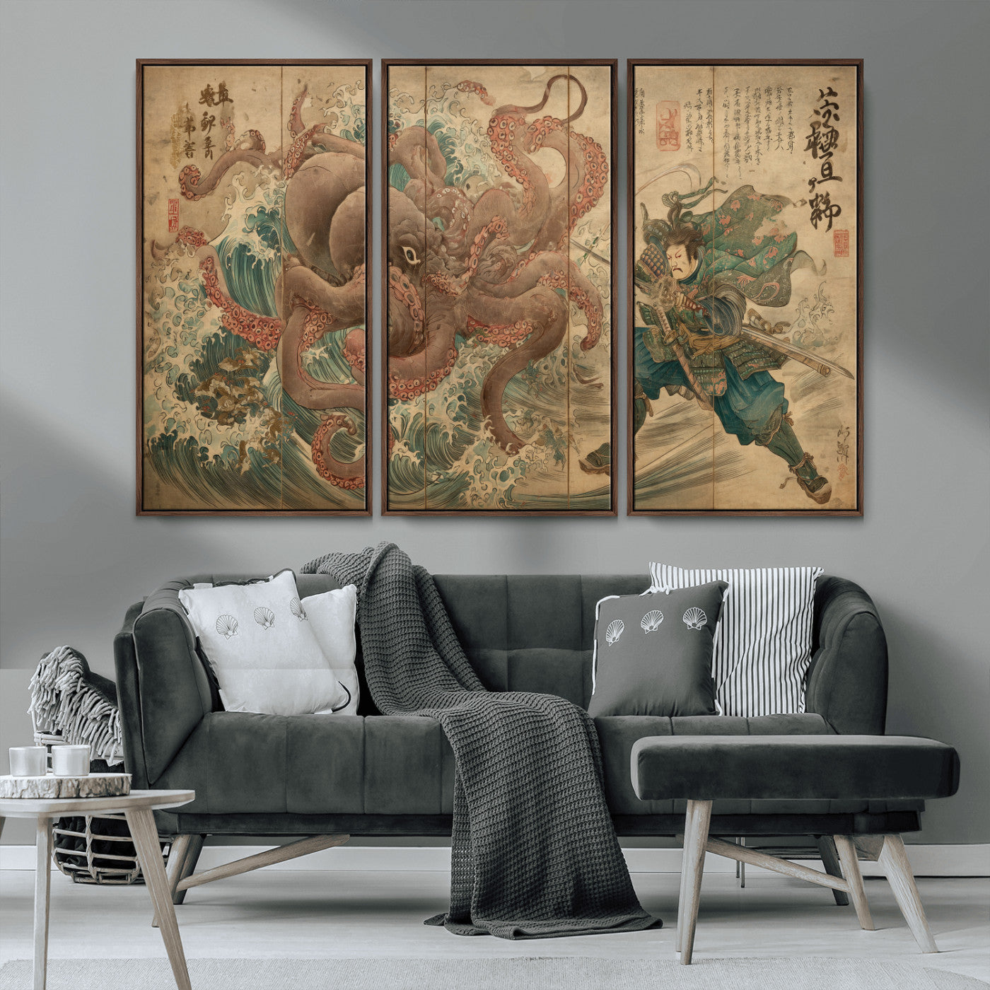 63782167-MGV-CV-36X24-Tsukioka Yoshitoshi Samurai Wall Art Print, Japanese Katana Warrior Canvas Wall Art, Octopus Sea Monster Canvas Print,
