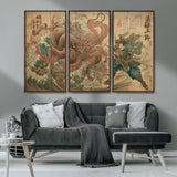 63782167-MGV-CV-36X24-Tsukioka Yoshitoshi Samurai Wall Art Print, Japanese Katana Warrior Canvas Wall Art, Octopus Sea Monster Canvas Print,
