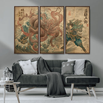 63782167-MGV-CV-36X24-Tsukioka Yoshitoshi Samurai Wall Art Print, Japanese Katana Warrior Canvas Wall Art, Octopus Sea Monster Canvas Print,