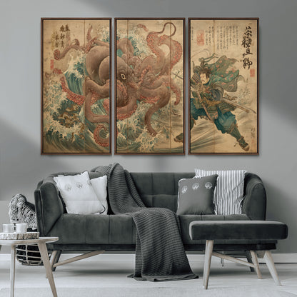 63782167-MGV-CV-36X24-Tsukioka Yoshitoshi Samurai Wall Art Print, Japanese Katana Warrior Canvas Wall Art, Octopus Sea Monster Canvas Print,