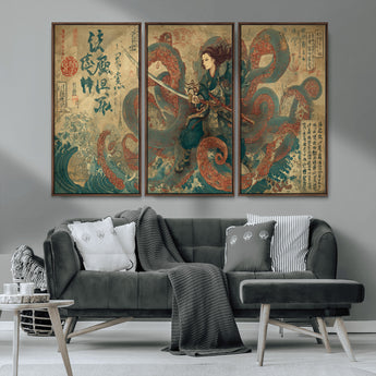 98593115-MGV-CV-36X24-Tsukioka Yoshitoshi Samurai Wall Art Print, Japanese Katana Warrior Canvas Wall Art, Octopus Sea Monster Canvas Print,