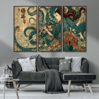 18575670-MGV-CV-36X24-Tsukioka Yoshitoshi Samurai Wall Art Print, Japanese Katana Warrior Canvas Wall Art, Octopus Sea Monster Canvas Print,