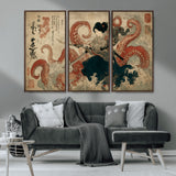 50812504-MGV-CV-36X24-Tsukioka Yoshitoshi Samurai Wall Art Print, Japanese Katana Warrior Canvas Wall Art, Octopus Sea Monster Canvas Print,