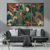 35461724-MGV-CV-36X24-Samurai Woman vs Octopus Wall Art – Japanese Ukiyo-e Ocean Waves Canvas Print, Red Tentacle Battle Artwork for Living Room,