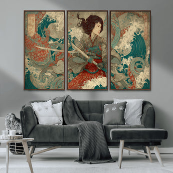 63377977-MGV-CV-36X24-Tsukioka Yoshitoshi Samurai Wall Art Print, Japanese Katana Warrior Canvas Wall Art, Octopus Sea Monster Canvas Print,