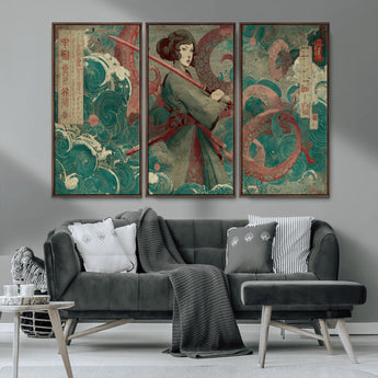 91666601-MGV-CV-36X24-Samurai Woman vs Octopus Wall Art – Japanese Ukiyo-e Green Robe Canvas Print, Ocean Battle Artwork for Living Room, Office, Man