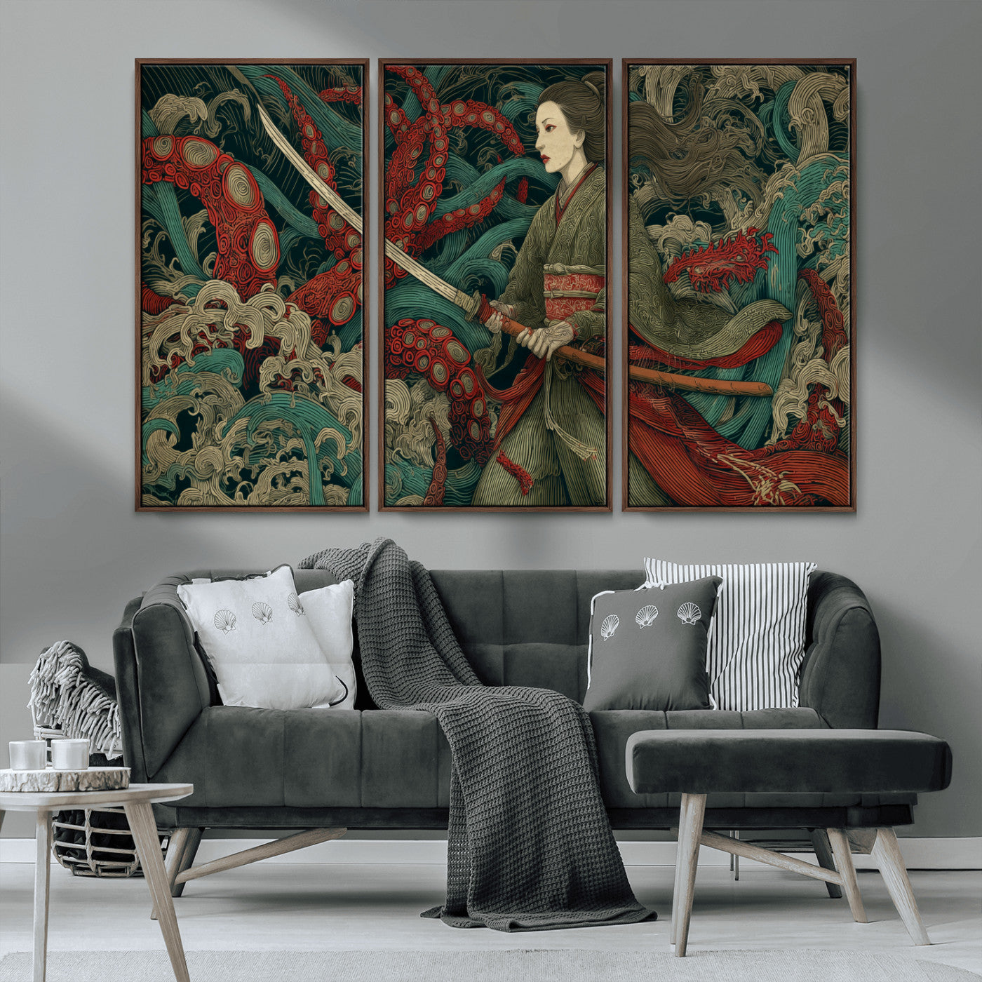 18902796-MGV-CV-36X24-Samurai Woman vs Octopus Wall Art – Japanese Ukiyo-e Green Kimono Canvas Print, Ocean Battle Scene Artwork for Living Room,