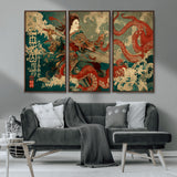 60201267-MGV-CV-36X24-Samurai Woman vs Octopus Wall Art – Japanese Ukiyo-e Armor Canvas Print, Red Tentacle Ocean Battle Artwork for Living Room,